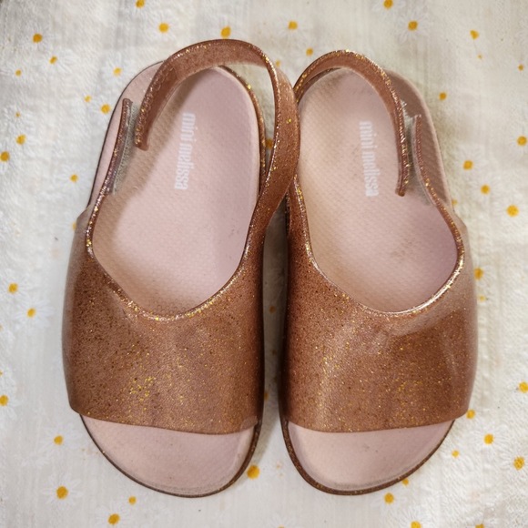 Mini Melissa Pink Gold Glitter Slide Sandals Little Girls Size US 10‎ - Picture 1 of 5